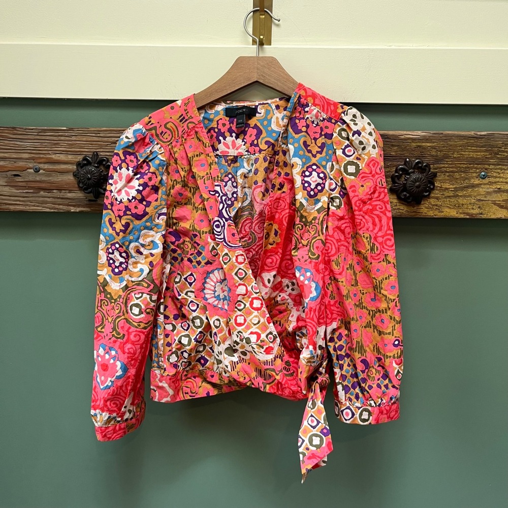 J.Crew Womens XXS Floral Patchwork Cotton Wrap Blouse Pink Multi Puff Sleeve Top